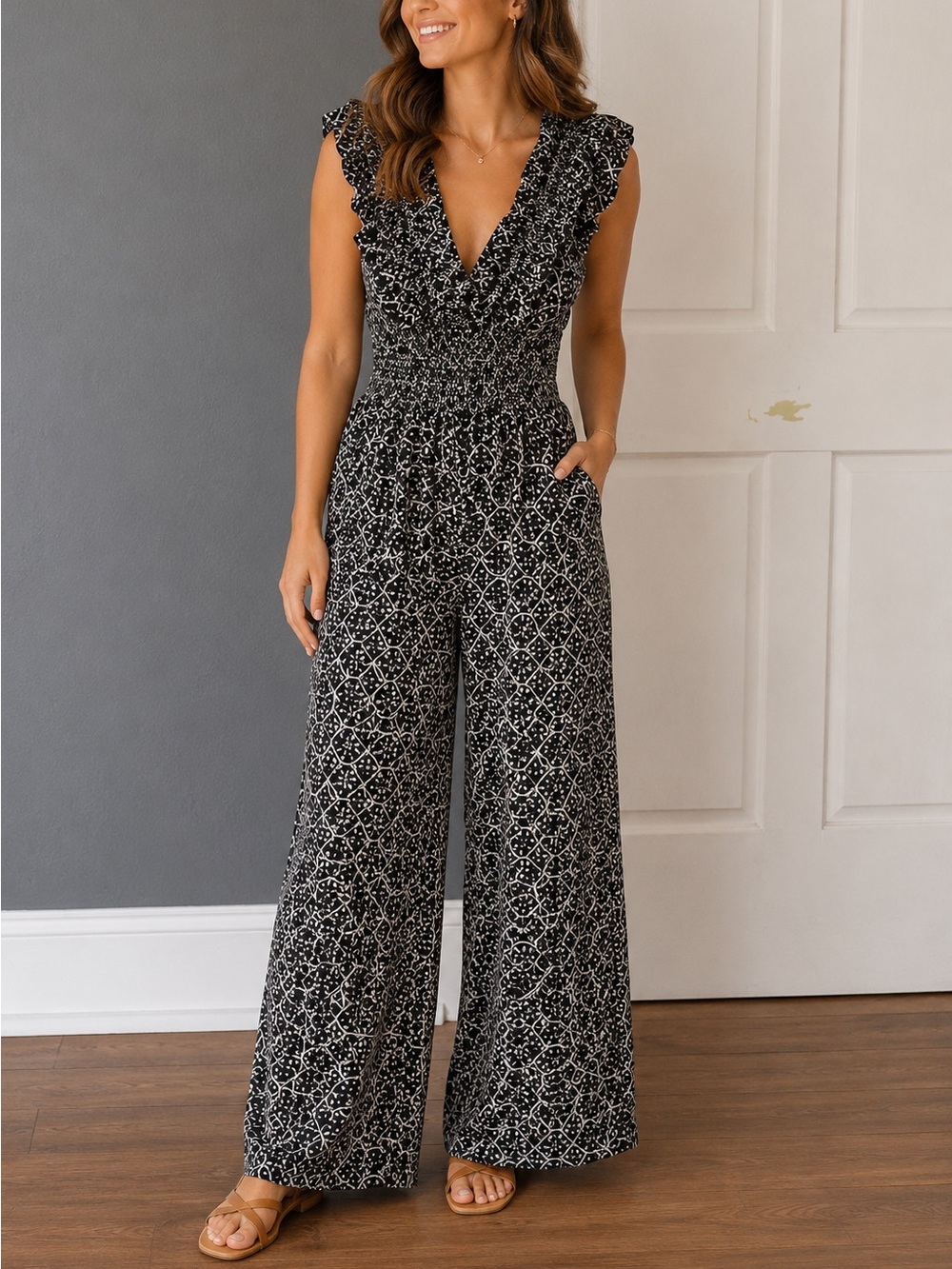 Black & White Printed Romper with Ruffled V-Neck